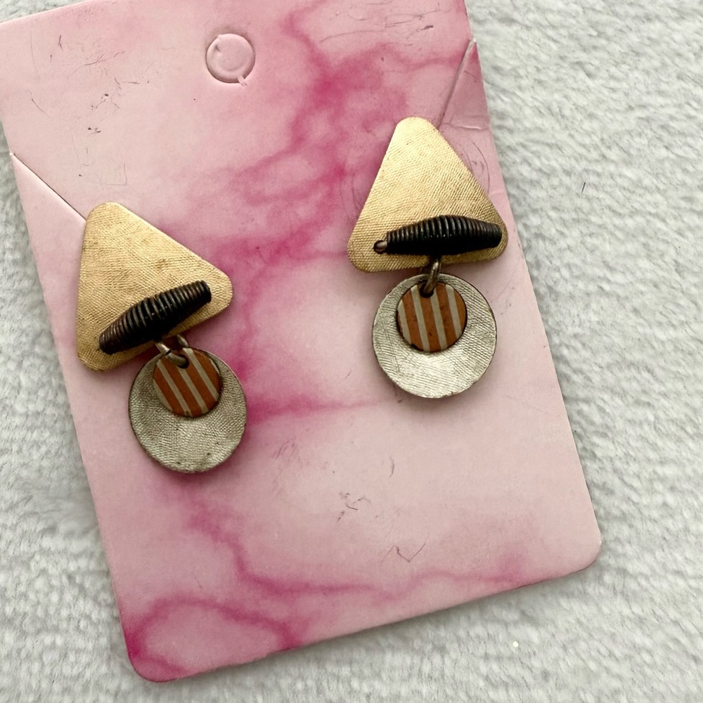 Vintage Geometric Modernist Earrings Mixed Metal Triangle & Circle Dangle